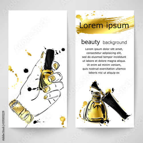 Vector abstract illustration with nail polish. Gold style.