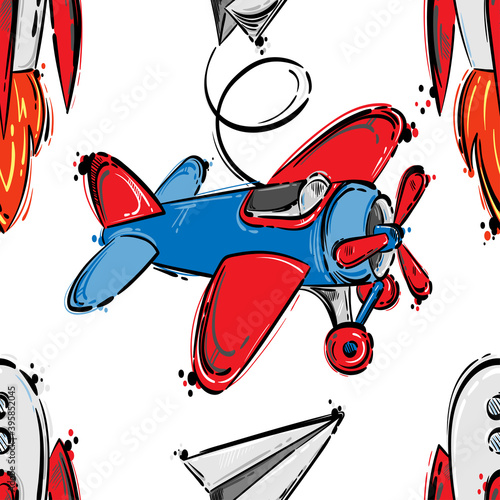 Abstract seamless pattern with airplane, rocket and paper airplane.