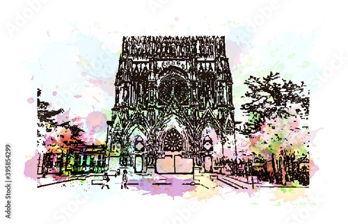 Building view with landmark of Rheims Cathedral, is a Roman Catholic cathedral in the French city of the Archdiocese of Reims. Watercolour splash with hand drawn sketch illustration in vector.