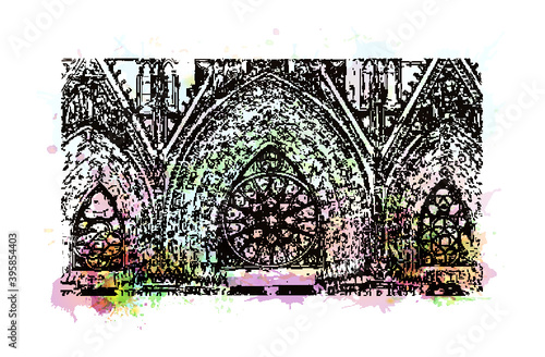 Building view with landmark of Rheims Cathedral, is a Roman Catholic cathedral in the French city of the Archdiocese of Reims. Watercolour splash with hand drawn sketch illustration in vector.