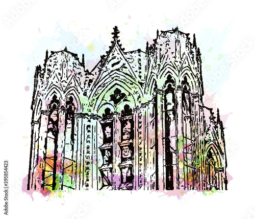 Building view with landmark of Rheims Cathedral, is a Roman Catholic cathedral in the French city of the Archdiocese of Reims. Watercolour splash with hand drawn sketch illustration in vector.