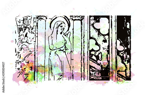 Building view with landmark of Rheims Cathedral, is a Roman Catholic cathedral in the French city of the Archdiocese of Reims. Watercolour splash with hand drawn sketch illustration in vector.