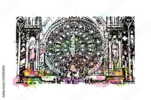 Building view with landmark of Rheims Cathedral, is a Roman Catholic cathedral in the French city of the Archdiocese of Reims. Watercolour splash with hand drawn sketch illustration in vector.