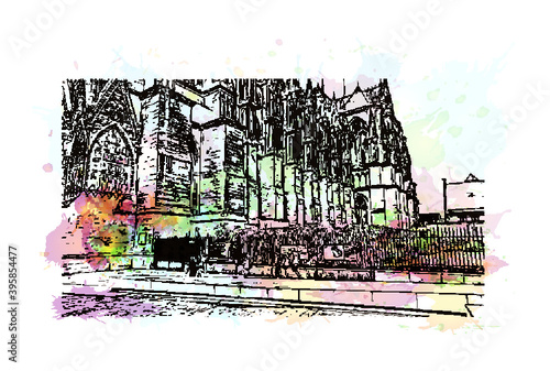 Building view with landmark of Rheims Cathedral, is a Roman Catholic cathedral in the French city of the Archdiocese of Reims. Watercolour splash with hand drawn sketch illustration in vector.