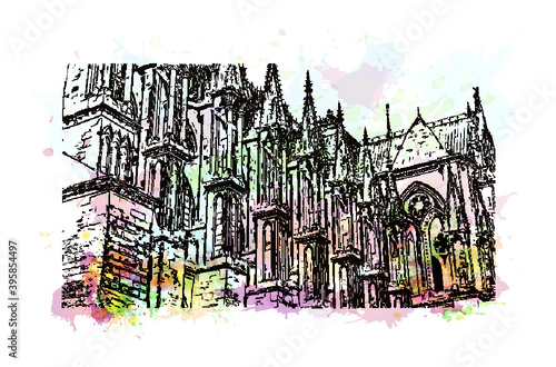 Building view with landmark of Rheims Cathedral, is a Roman Catholic cathedral in the French city of the Archdiocese of Reims. Watercolour splash with hand drawn sketch illustration in vector.