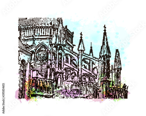 Building view with landmark of Rheims Cathedral, is a Roman Catholic cathedral in the French city of the Archdiocese of Reims. Watercolour splash with hand drawn sketch illustration in vector.