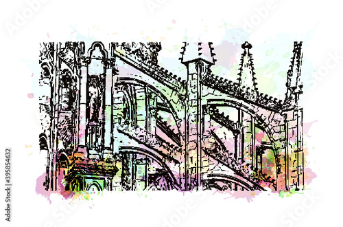 Building view with landmark of Rheims Cathedral, is a Roman Catholic cathedral in the French city of the Archdiocese of Reims. Watercolour splash with hand drawn sketch illustration in vector.