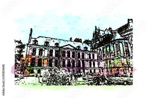 Building view with landmark of Rheims Cathedral, is a Roman Catholic cathedral in the French city of the Archdiocese of Reims. Watercolour splash with hand drawn sketch illustration in vector.