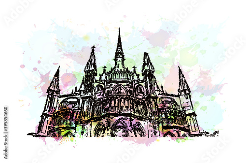 Building view with landmark of Rheims Cathedral, is a Roman Catholic cathedral in the French city of the Archdiocese of Reims. Watercolour splash with hand drawn sketch illustration in vector.