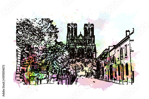 Building view with landmark of Rheims Cathedral, is a Roman Catholic cathedral in the French city of the Archdiocese of Reims. Watercolour splash with hand drawn sketch illustration in vector.