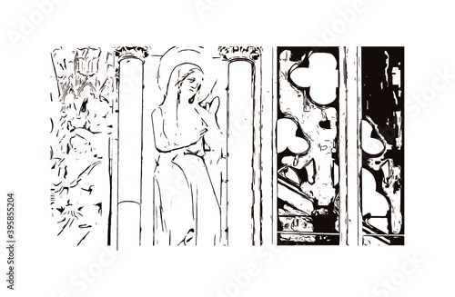 Building view with landmark of Rheims Cathedral, is a Roman Catholic cathedral in the French city of the Archdiocese of Reims. Hand drawn sketch illustration in vector.
