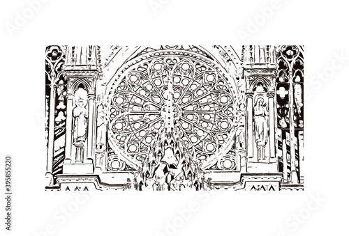 Building view with landmark of Rheims Cathedral, is a Roman Catholic cathedral in the French city of the Archdiocese of Reims. Hand drawn sketch illustration in vector.