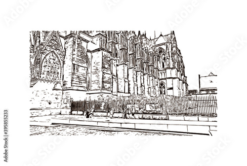 Building view with landmark of Rheims Cathedral, is a Roman Catholic cathedral in the French city of the Archdiocese of Reims. Hand drawn sketch illustration in vector.