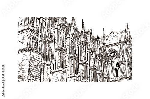 Building view with landmark of Rheims Cathedral, is a Roman Catholic cathedral in the French city of the Archdiocese of Reims. Hand drawn sketch illustration in vector.