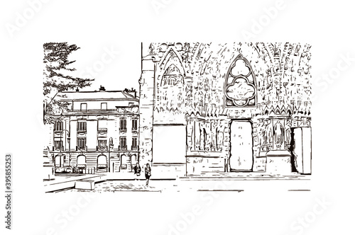 Building view with landmark of Rheims Cathedral, is a Roman Catholic cathedral in the French city of the Archdiocese of Reims. Hand drawn sketch illustration in vector.