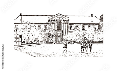 Building view with landmark of Rheims Cathedral, is a Roman Catholic cathedral in the French city of the Archdiocese of Reims. Hand drawn sketch illustration in vector.