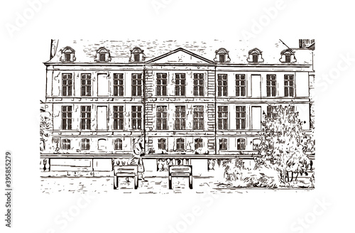 Building view with landmark of Rheims Cathedral, is a Roman Catholic cathedral in the French city of the Archdiocese of Reims. Hand drawn sketch illustration in vector.