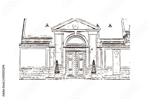 Building view with landmark of Rheims Cathedral, is a Roman Catholic cathedral in the French city of the Archdiocese of Reims. Hand drawn sketch illustration in vector.