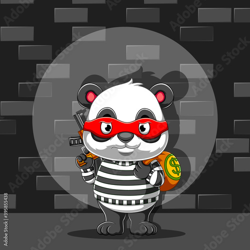The panda thief holding a sack of money and holding the gun