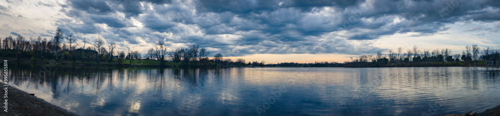 Panorama of the sunset over the Jacobson Park lake in Lexington, Kentucky