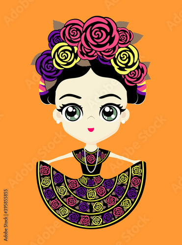 illustration of cute mexican doll in traditional national dress from Chiapas, Mexico. Isolated on orange background