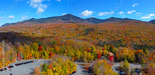 Franconia Notch with fall foliage panorama aerial view including Mount Lafayette and Mount Lincoln in Franconia Notch State Park in White Mountain National Forest, Lincoln, New Hampshire NH, USA. 