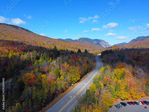 Interstate Highway I-93 across Franconia Notch between Cannon Mountain and Mount Lafayette with fall foliage in Franconia Notch State Park in White Mountain, Lincoln, New Hampshire NH, USA. 