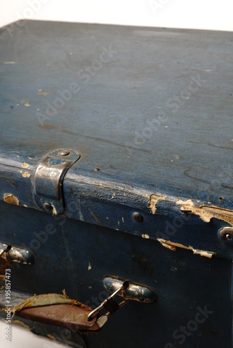 An old suitcase about 40 years of the 19th century. Dark blue color and protected corners with metal inserts. Two locks. Big.