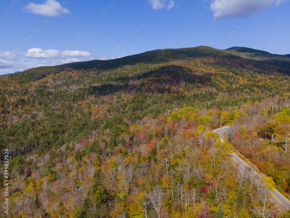 White Mountain National Forest fall foliage on Kancamagus Highway near Hancock Notch aerial view, Town of Lincoln, New Hampshire NH, USA.