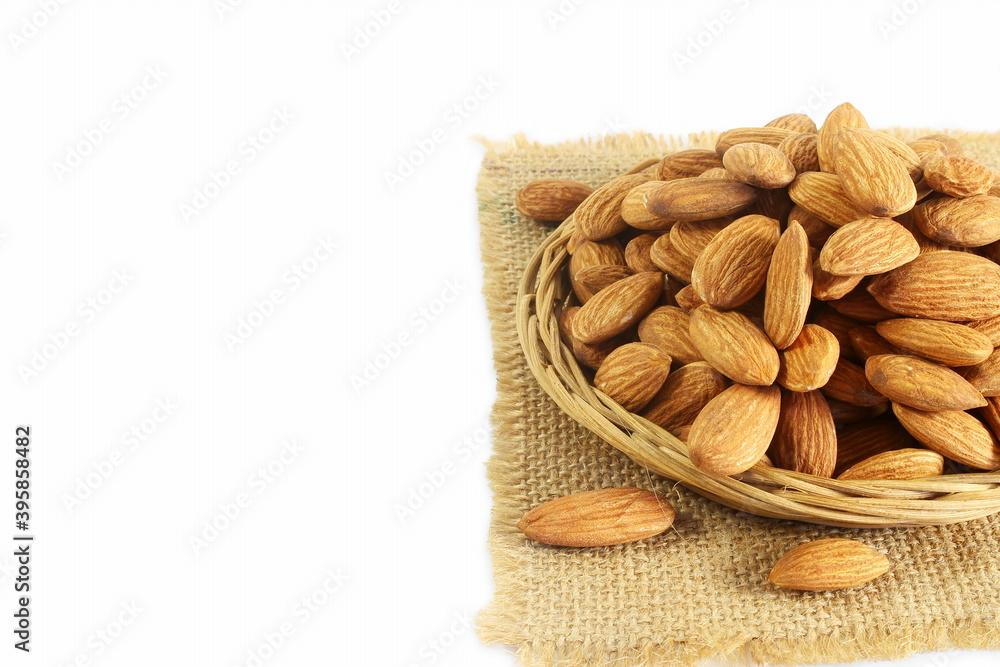 closeup almond nut isolated in white background with copy space closeup almond nut isolated in white background with copy space