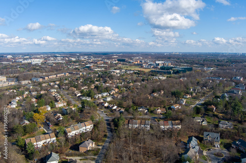 Aerial view of the Hunting Hills Woods neighborhood in Rockville, Montgomery County, Maryland.