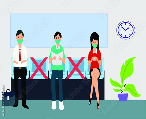 vector illustration of people sitting physically distancing while in public places