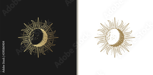 Sun luxury gold hand drawn engraving style vector illustration.