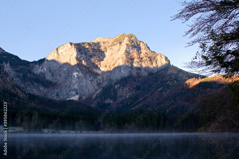 sunset in the mountains, vorderer langbathsee in upper austria