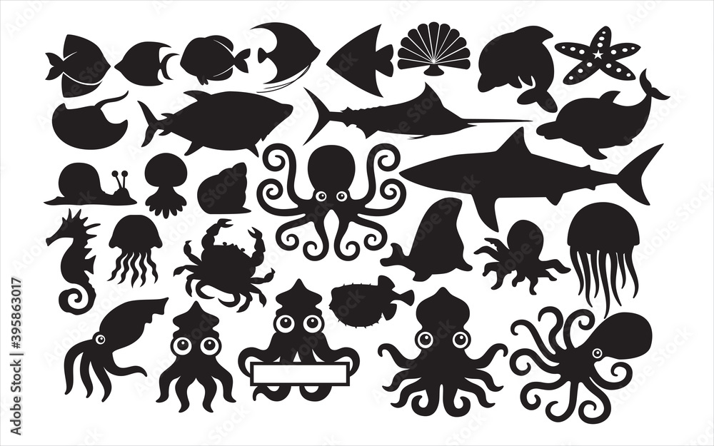 Naklejka premium cute octopus and squid ocean sea animal vector graphic design template set for sticker, decoration, cutting and print file