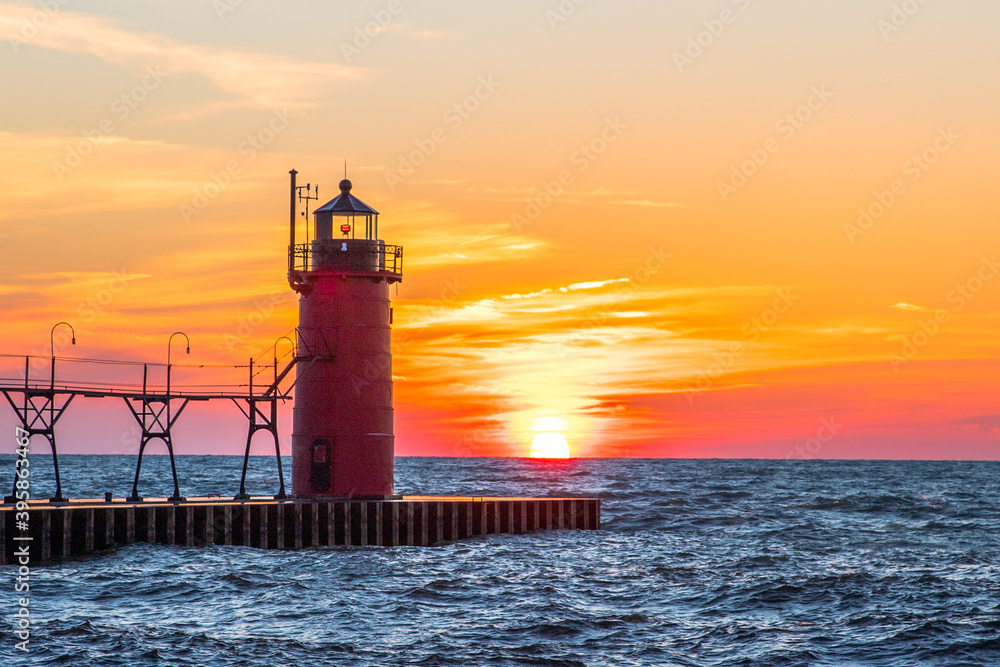 Sunset on Lake Michigan in South Haven on the North Pier.
