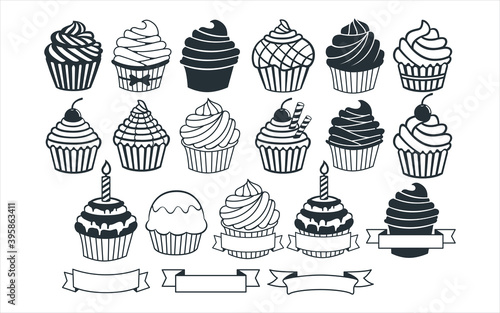 assorted cute cupcake vector graphic design template set for sticker, decoration, cutting and print file