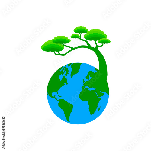 vector image of the earth and trees growing over it. shades of green and blue. suitable for environmental and natural themes. save our planet