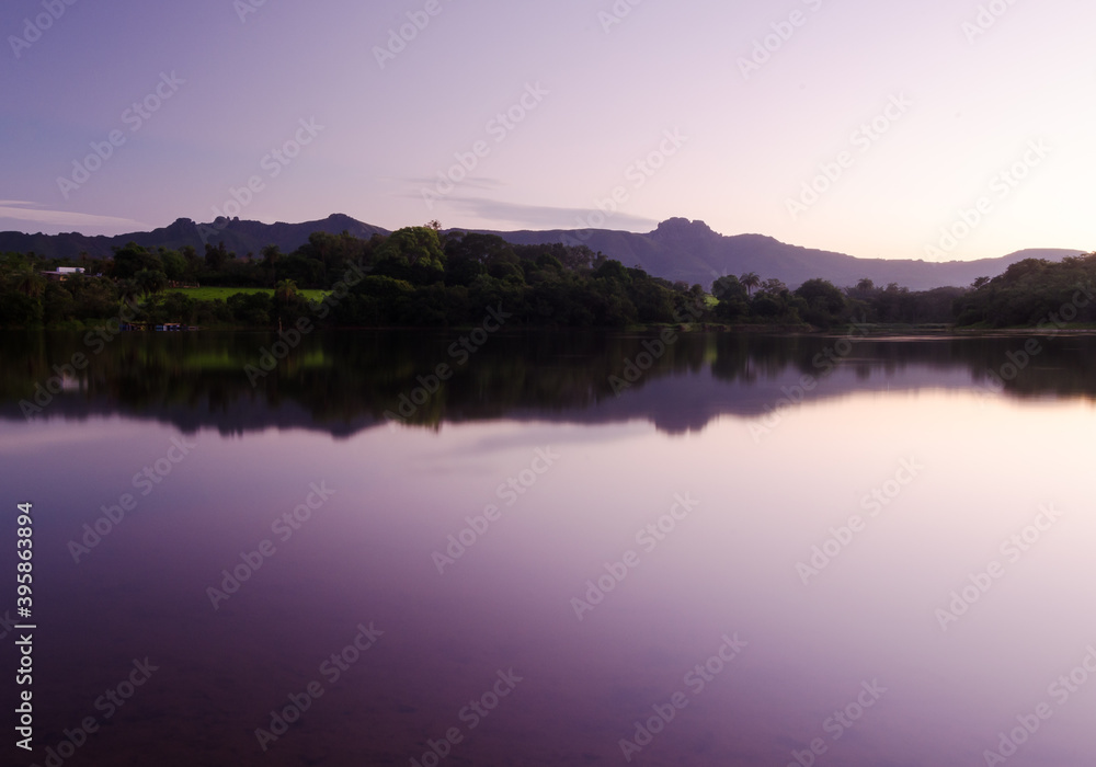 purple twilight reflection sunset over lake mountains autumn nature landscape brazil / crepusculo roxo ceu por do sol reflexo lago lagoa da veterinaria igarape minas gerais mg brasil