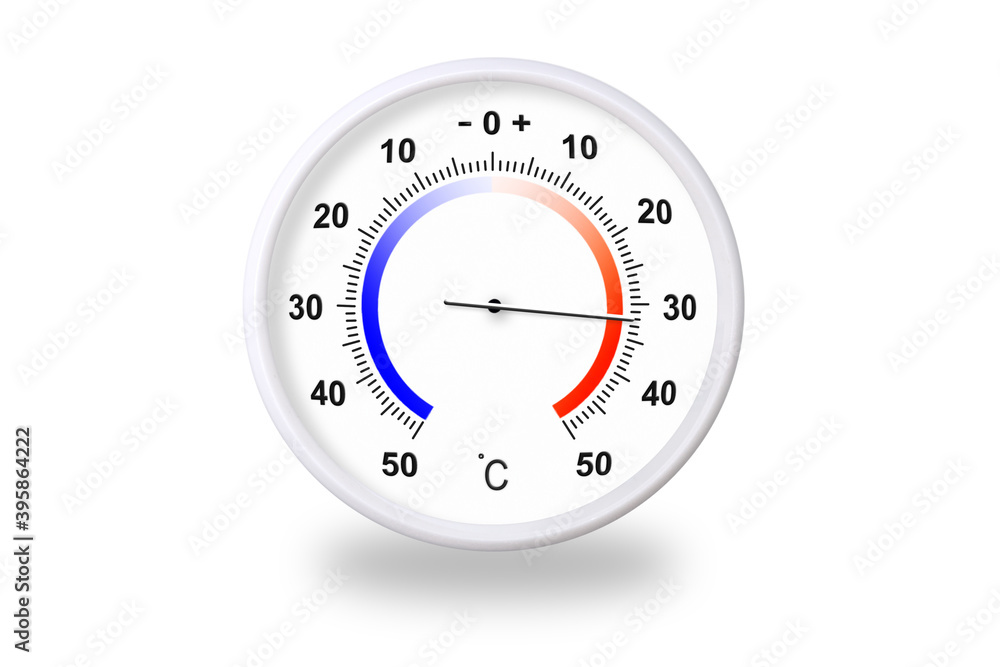 Outdoor thermometer on white background. Ambient temperature plus 32 degrees celsius Outdoor thermometer on white background. Ambient temperature plus 32 degrees celsius