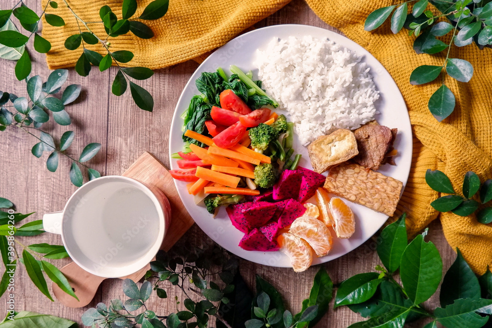 flat lay of simple diet dishes with rice top view healthy eating food flat lay of simple diet dishes with rice top view healthy eating food