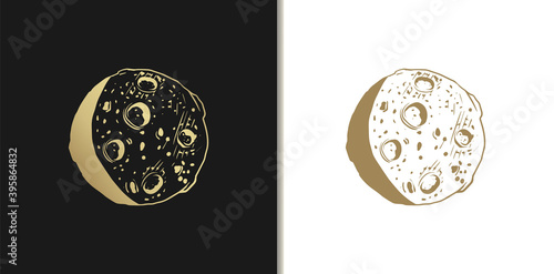 Moon vector engraved luxury style illustration in gold color. Hand drawn sketch of moon planet.