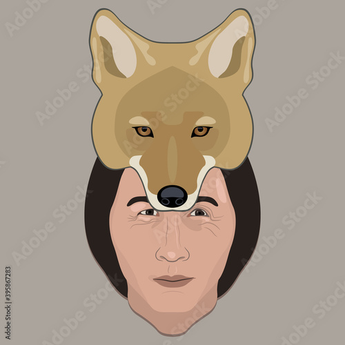 Face of a Native American man in coyote mask or hat. Shaman animal totem. Male trickster archetype of a shape shifter or werewolf. Cartoon style.
