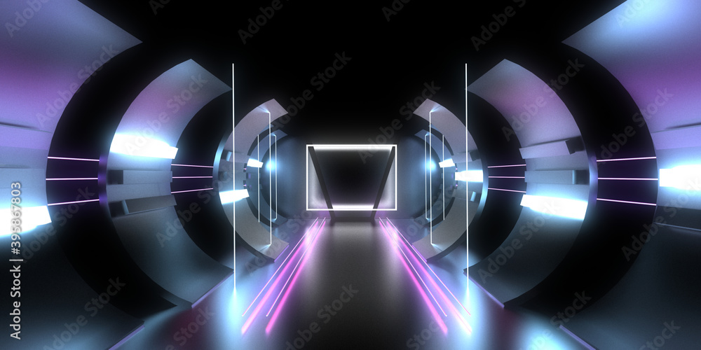 3D abstract background with neon lights. neon tunnel .space construction . 3d illustration 3D abstract background with neon lights. neon tunnel .space construction . 3d illustration