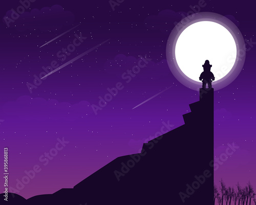 Illustration vector graphic of santa claus landscape silhouette on the hill with full stars and super moon. Purple background. Good for Christmas book covers and stickers for Christmas celebrations