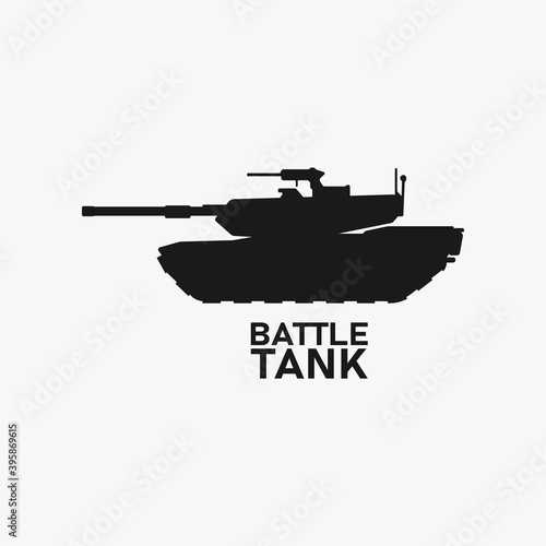 Tank silhouette. Battle canon. War icon sign or symbol. Modern armor logo. Warfare technology. Battlefield vehicle transportation. Army or military hardware. Defense weapon black vector illustration.