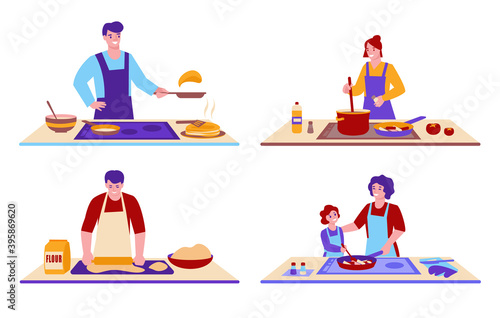 Set of vector illustrations about cooking food. Men, women, mother and daughter cook at home. Flat style.