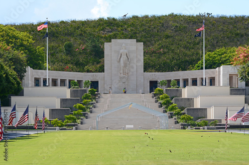 Punchbowl War Memorial Cemetery decorated with American Flags in Honolulu on Oahu, Hawaii