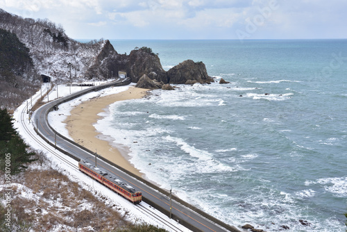 冬の日本海を走る鉄道