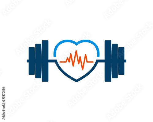 Love shape with gym barbell and medical pulse inside